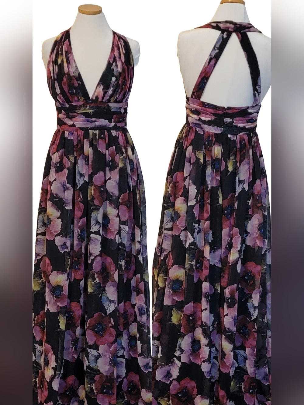 Aidan Mattox Chiffon Floral Pleated Garden Party Wedding Guest Formal Maxi Dress